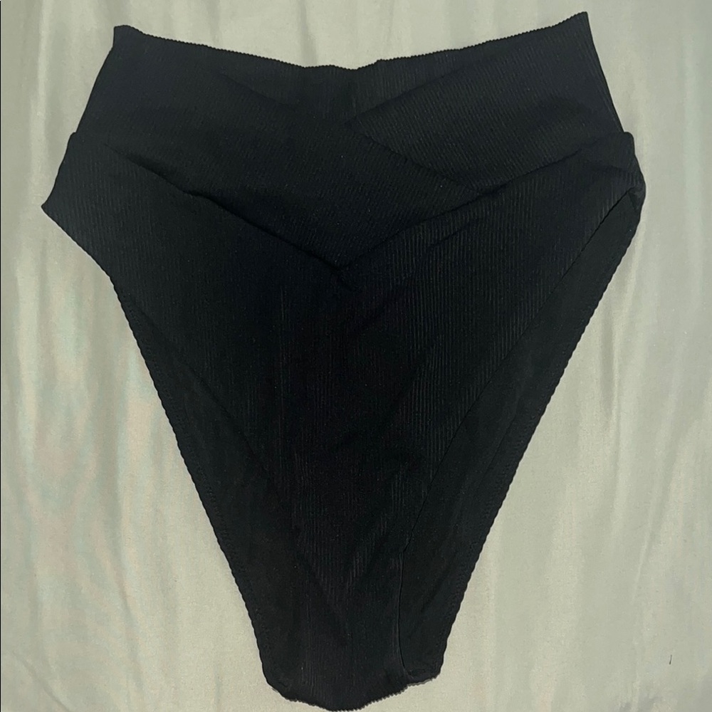 Black High-Waisted Ribbed Cheeky Bikini Bottom